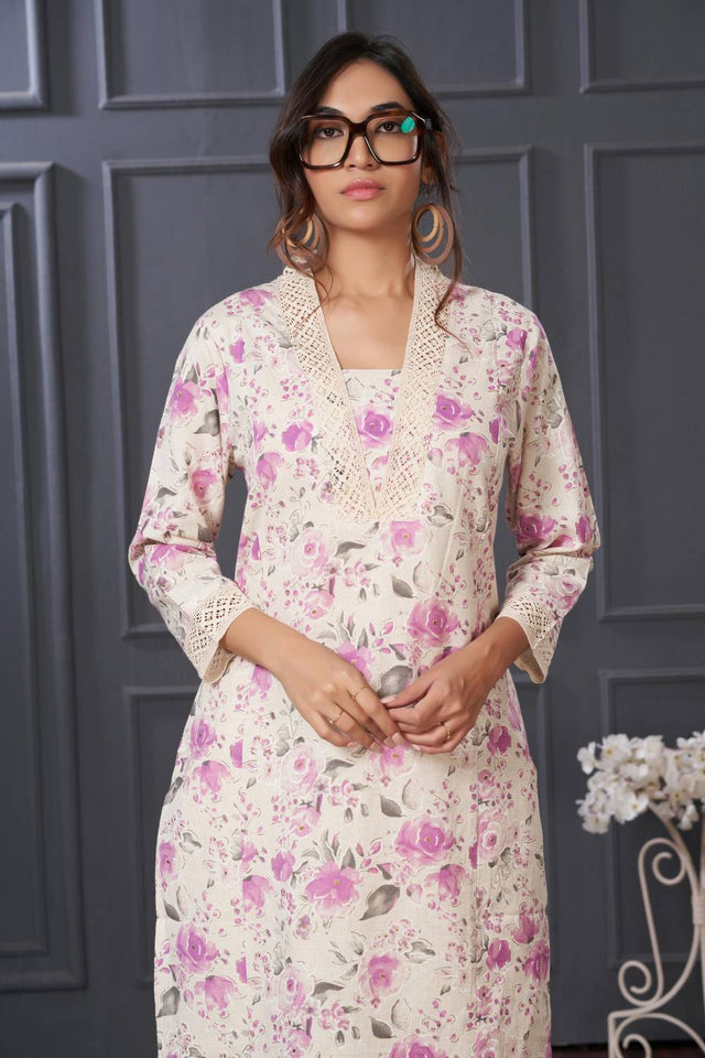 Violet Floral Printed Cotton Kurti Pant Set