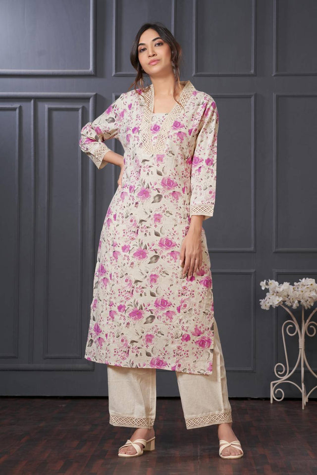Violet Floral Printed Cotton Kurti Pant Set