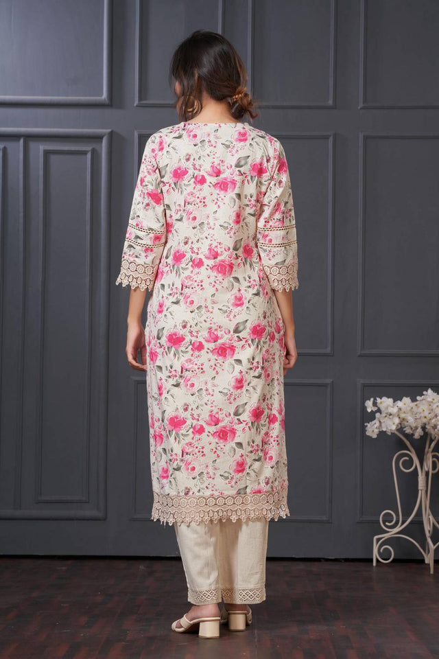 Pink Floral Printed Cotton Kurti Pant Set