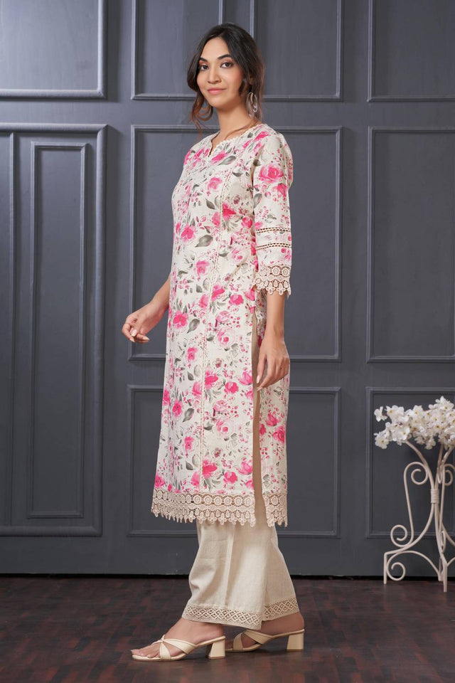 Pink Floral Printed Cotton Kurti Pant Set