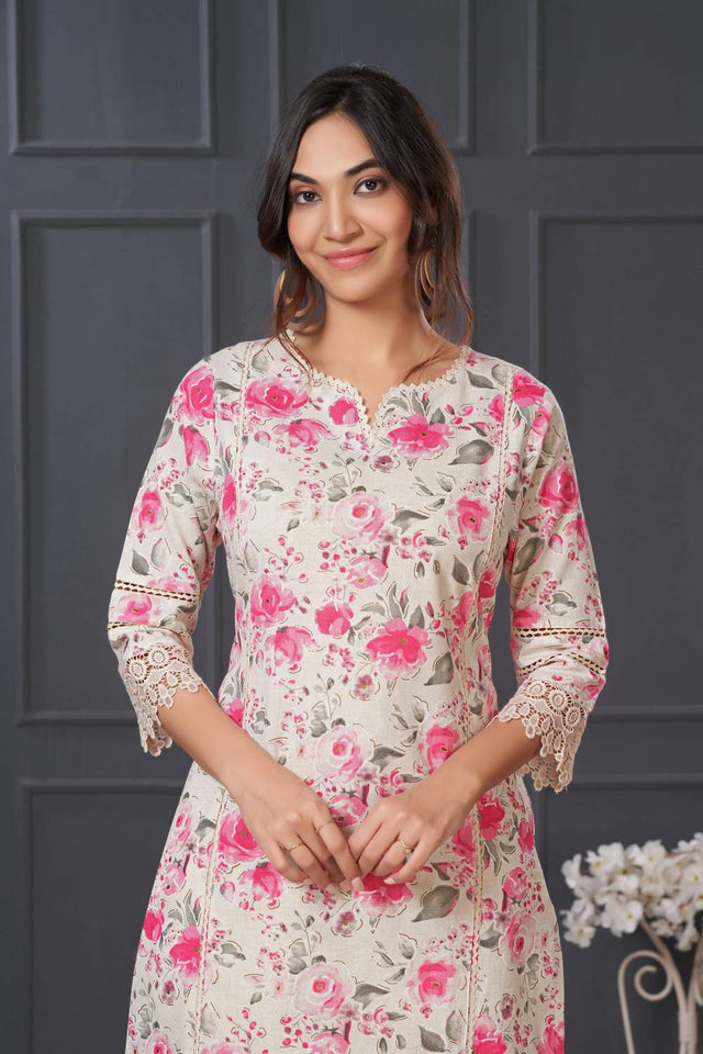Pink Floral Printed Cotton Kurti Pant Set