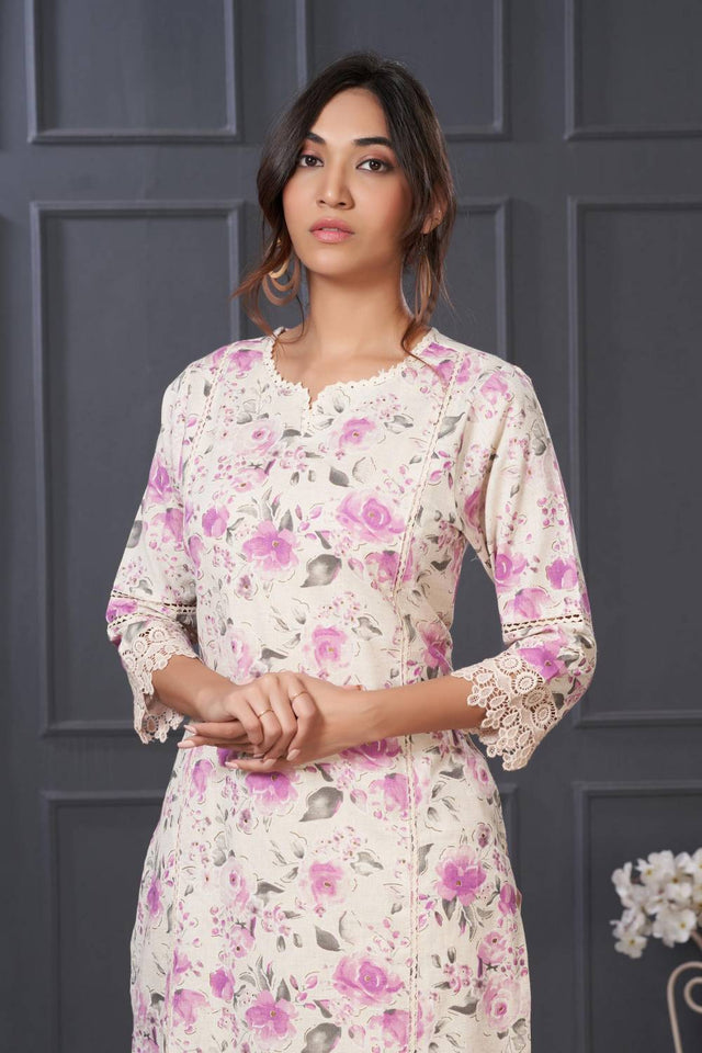 Violet Floral Printed Cotton Kurti Pant Set