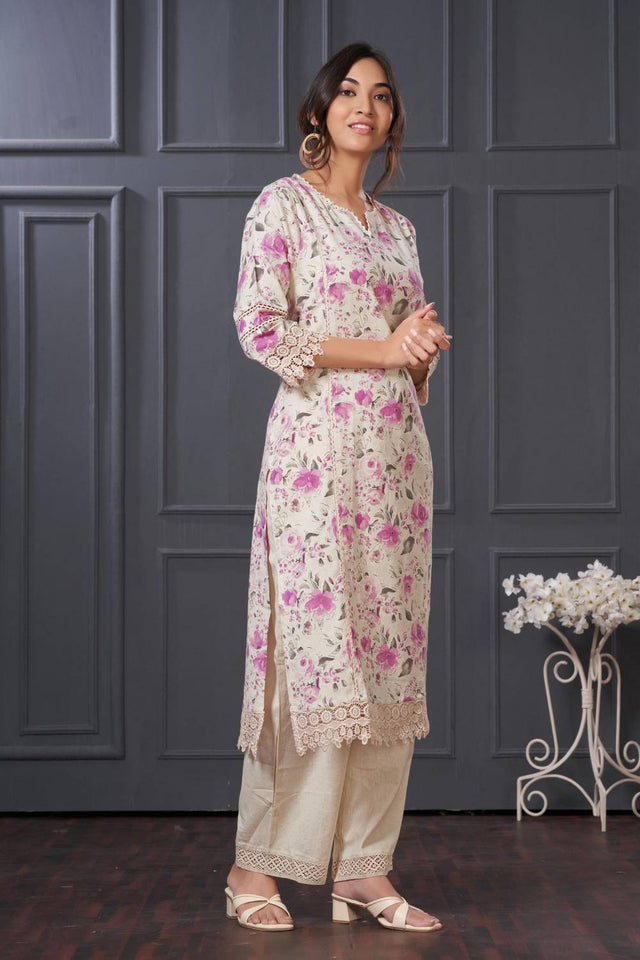 Violet Floral Printed Cotton Kurti Pant Set