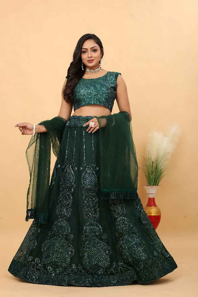 Dark Green Zari Net Lehenga