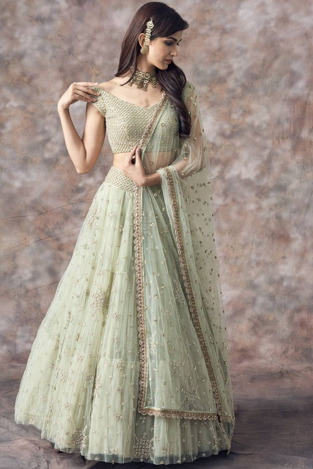 Green Embroidered Art Silk Lehenga