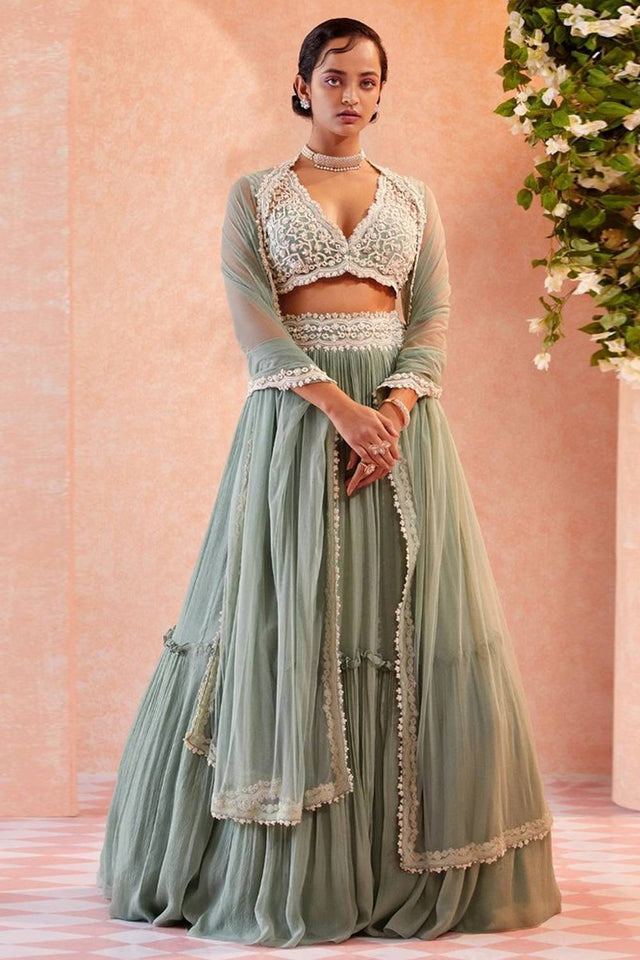 Sea Green Solid Georgette Lehenga