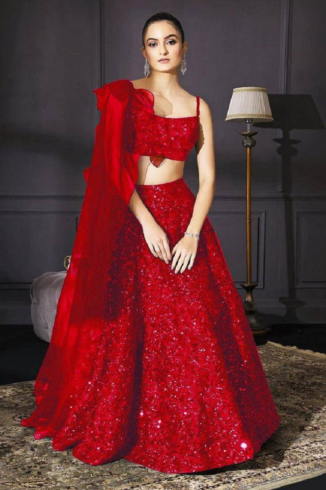 Red Sequin Velvet Lehenga
