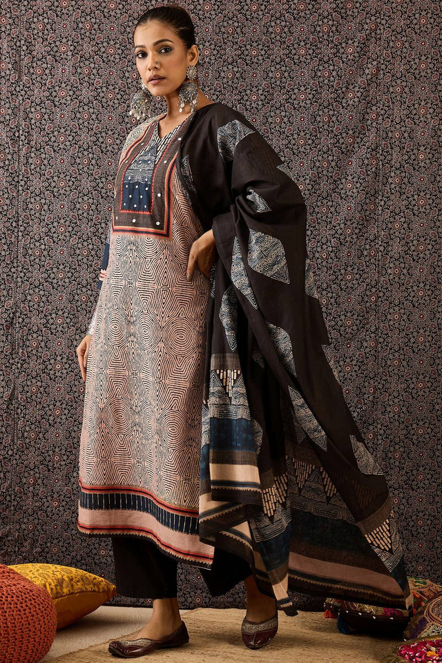 Beige Printed Cotton Kurti Pant Set (IDKH0BE10406)