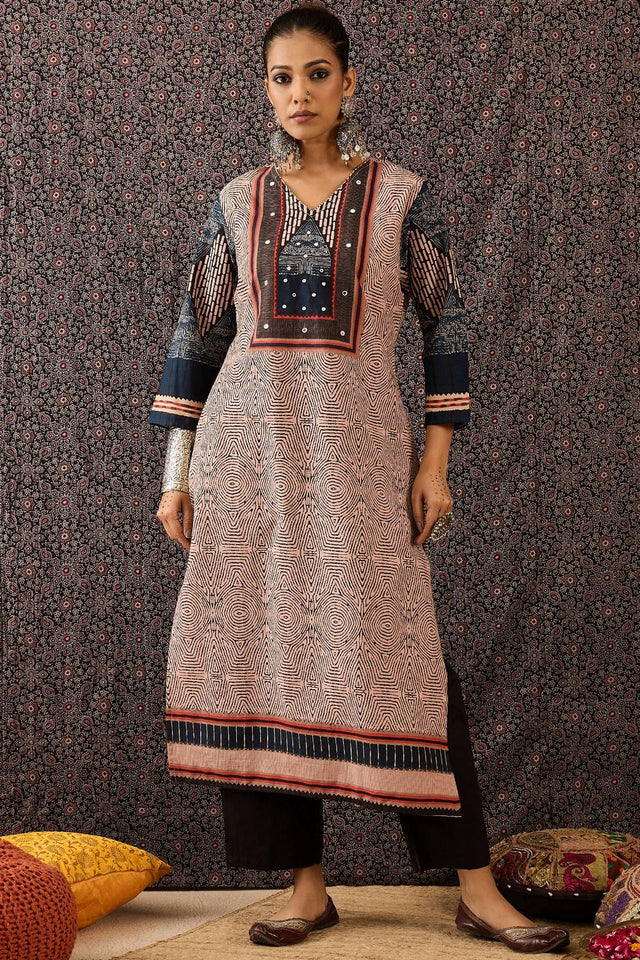 Beige Printed Cotton Kurti Pant Set (IDKH0BE10406)