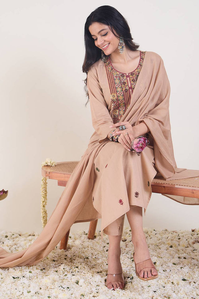 Beige Embroidered Silk Blend Kurti Pant Set (IDKH0BE12342)