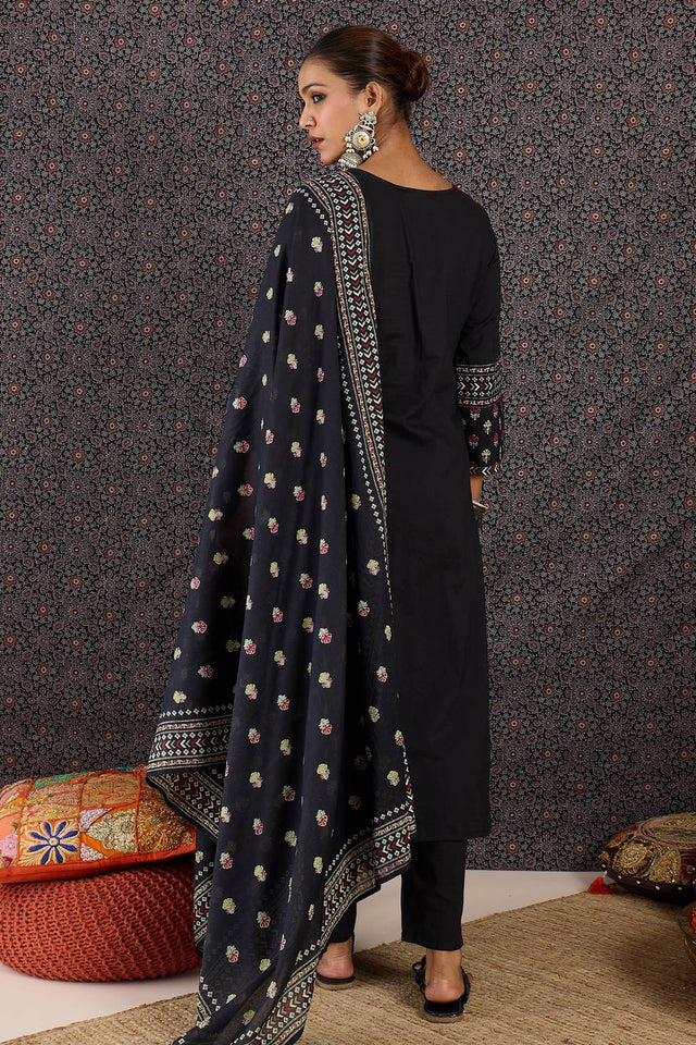 Black Printed Cotton Kurti Pant Set (IDKH0BK11008)