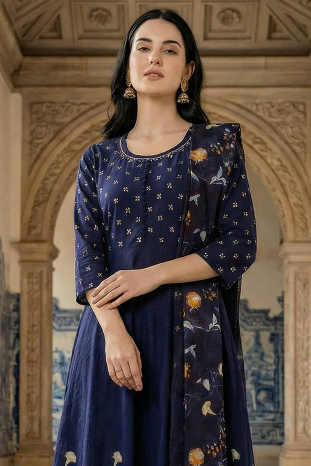 Blue Floral Printed Cotton Kurti Pant Set (IDKH0BL10696)