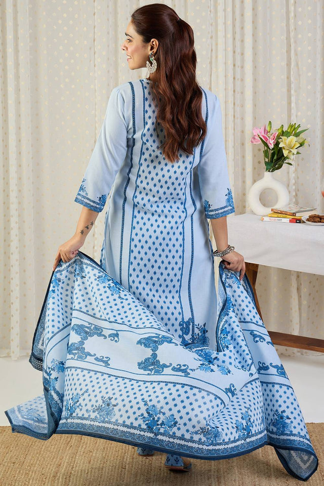 Blue Floral Printed Cotton Kurti Pant Set (IDKH0BL11651)
