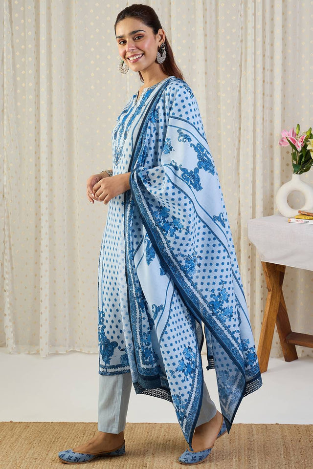 Blue Floral Printed Cotton Kurti Pant Set (IDKH0BL11651)
