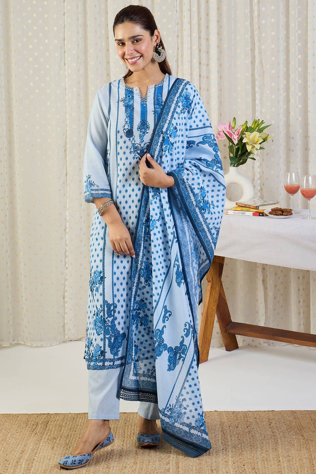Blue Floral Printed Cotton Kurti Pant Set (IDKH0BL11651)