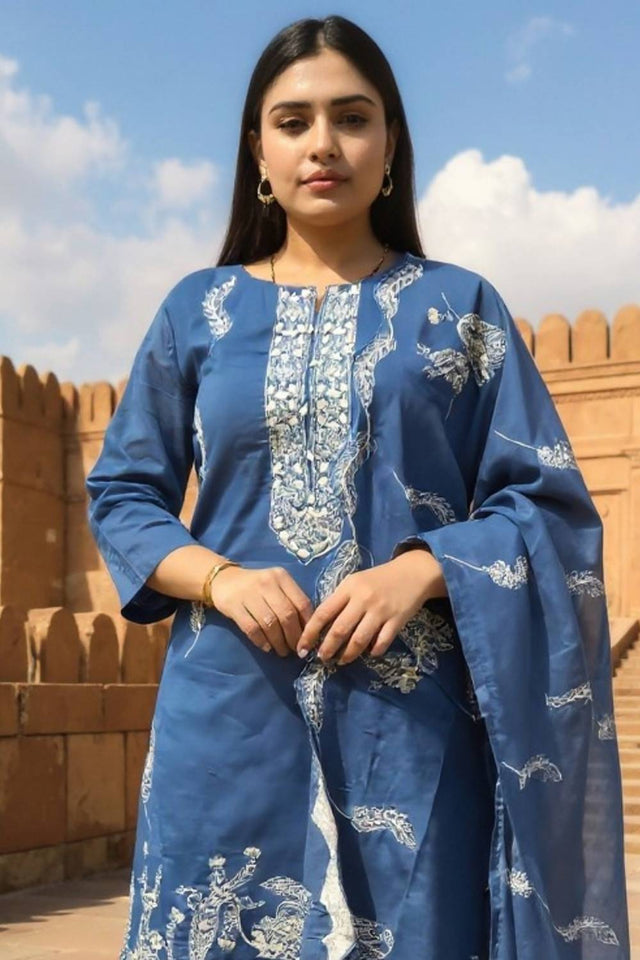 Blue Embroidered Cotton Kurti Pant Set (IDKH0BL11748)
