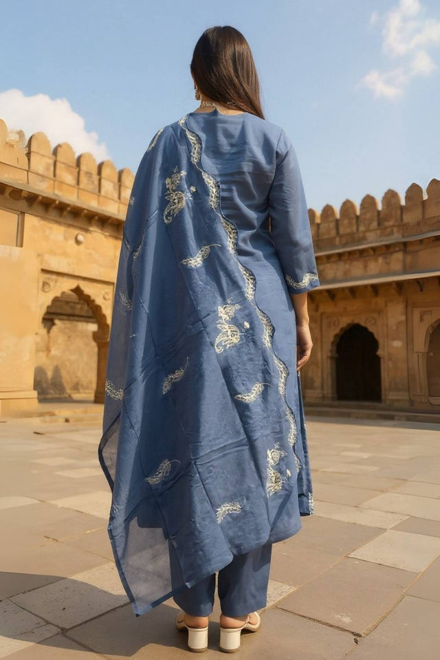 Blue Embroidered Cotton Kurti Pant Set (IDKH0BL11748)