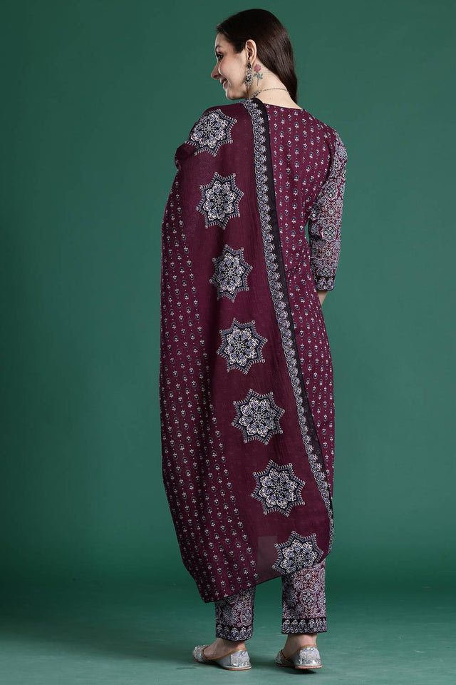 Maroon Printed Cotton Kurti Pant Set (IDKH0MR10919)