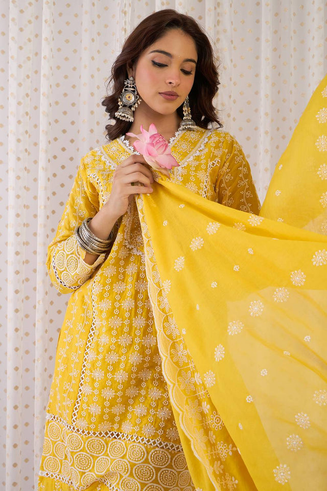 Mustard Floral Embroidered Cotton Kurti Pant Set (IDKH0MT10197)