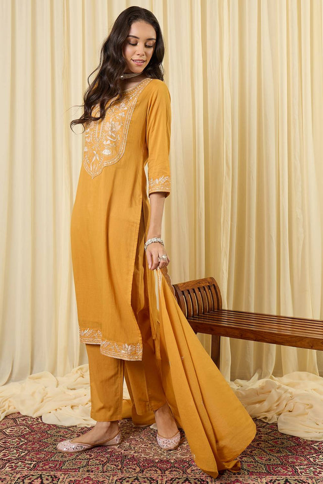 Mustard Embroidered Cotton Kurti Pant Set (IDKH0MT11755)