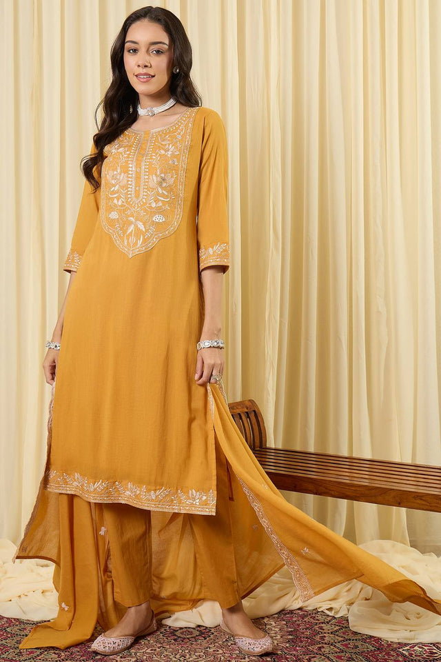 Mustard Embroidered Cotton Kurti Pant Set (IDKH0MT11755)