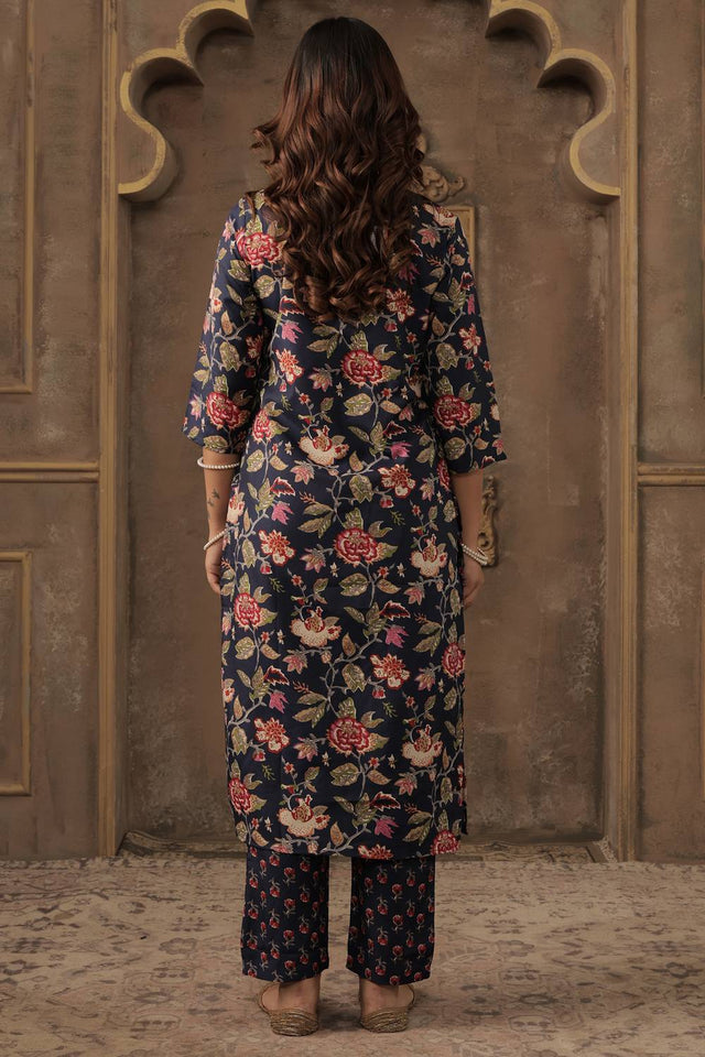 Navy Blue Embroidered Cotton Blend Kurti Pant Set (IDKH0NB12105)