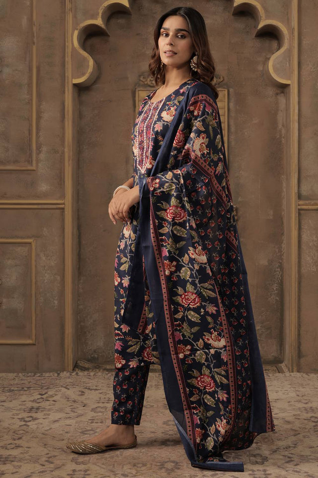 Navy Blue Embroidered Cotton Blend Kurti Pant Set (IDKH0NB12105)