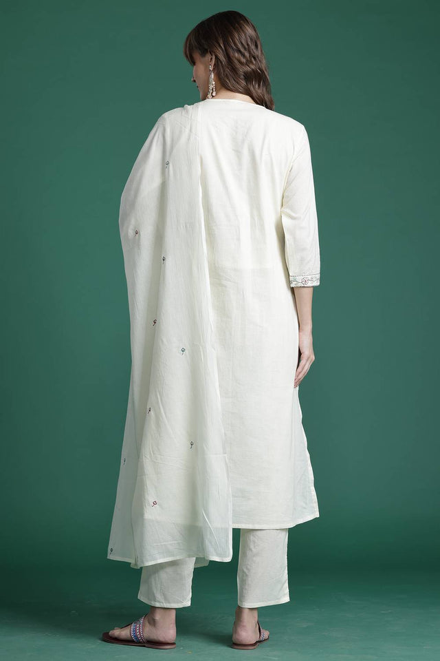 Off White Embroidered Cotton Kurti Pant Set (IDKH0OW10291)