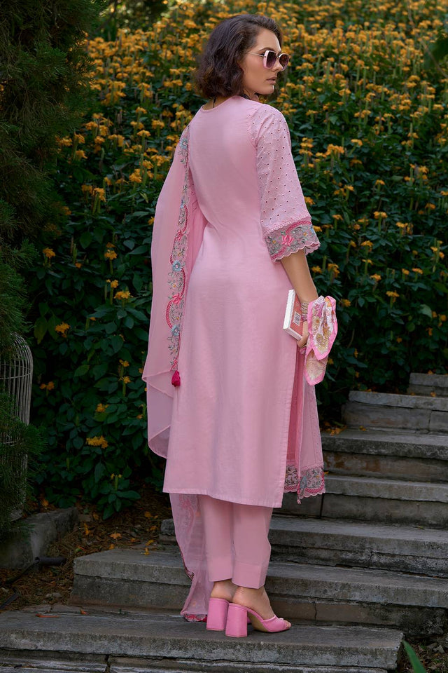 Pink Floral Embroidered Cotton Kurti Pant Set (IDKH0PK10721)