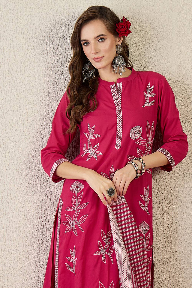 Pink Floral Embroidered Cotton Kurti Pant Set (IDKH0PK10884)