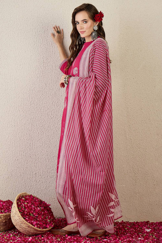 Pink Floral Embroidered Cotton Kurti Pant Set (IDKH0PK10884)