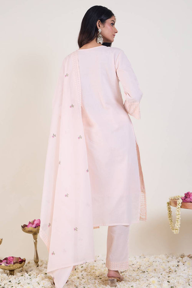 Pink Floral Embroidered Cotton Kurti Pant Set (IDKH0PK11284)
