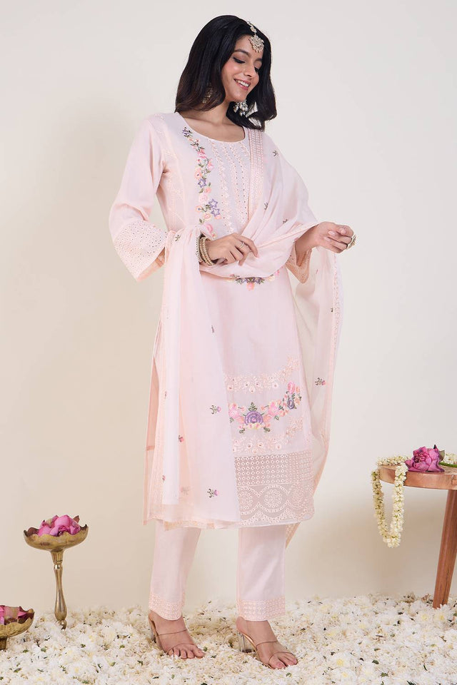 Pink Floral Embroidered Cotton Kurti Pant Set (IDKH0PK11284)