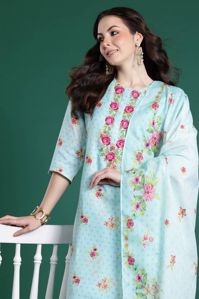 Sea Green Floral Embroidered Linen Kurti Pant Set (IDKH0SG10382)