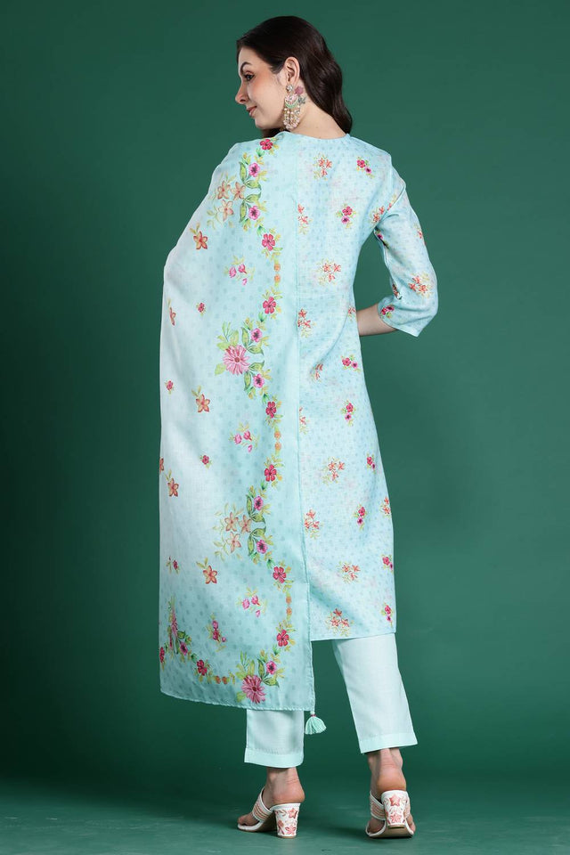 Sea Green Floral Embroidered Linen Kurti Pant Set (IDKH0SG10382)