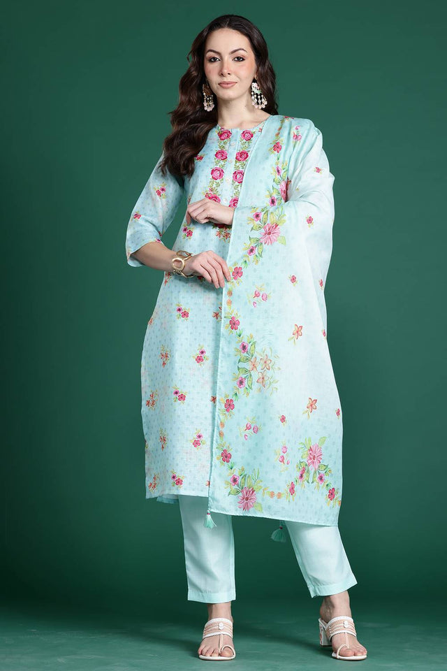 Sea Green Floral Embroidered Linen Kurti Pant Set (IDKH0SG10382)