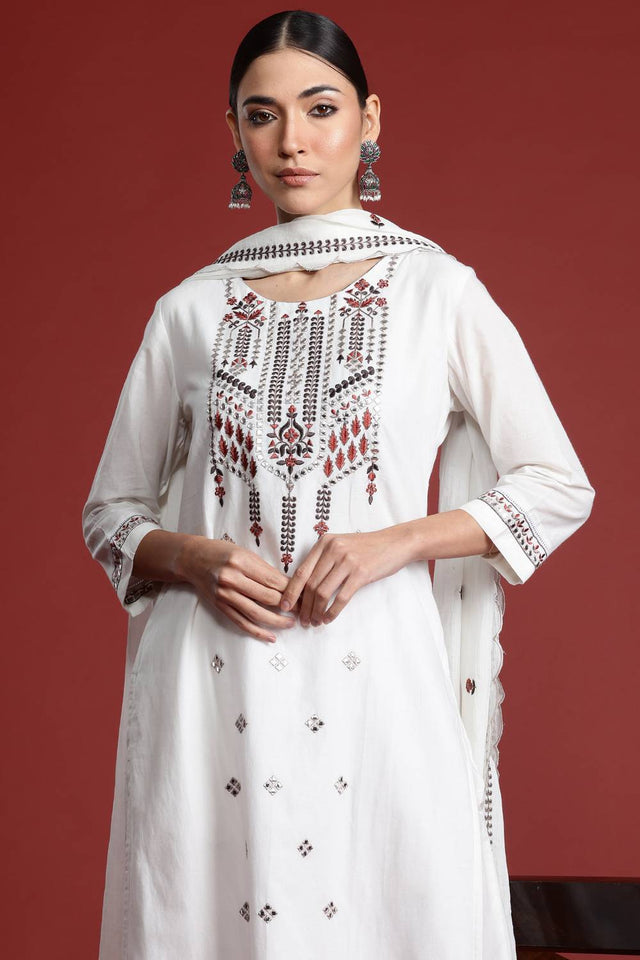 White Embroidered Cotton Kurti Pant Set (IDKH0WH10361)