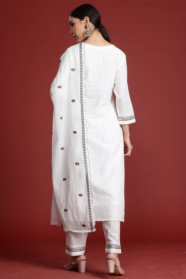 White Embroidered Cotton Kurti Pant Set (IDKH0WH10361)