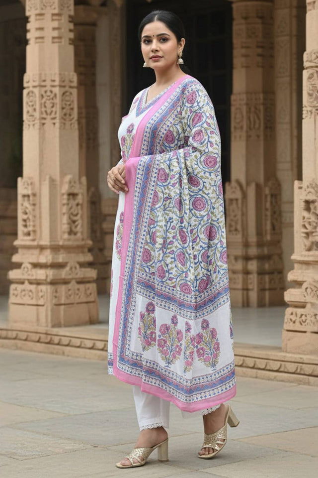 White Printed Cotton Kurti Pant Set (IDKH0WH11042)