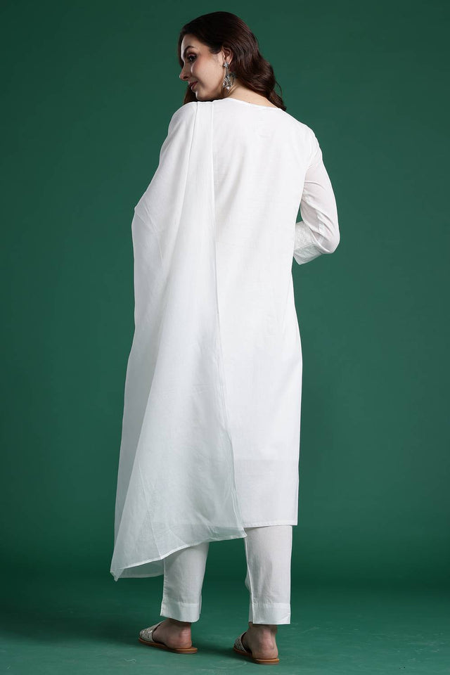 White Embroidered Cotton Kurti Pant Set (IDKH0WH11099)