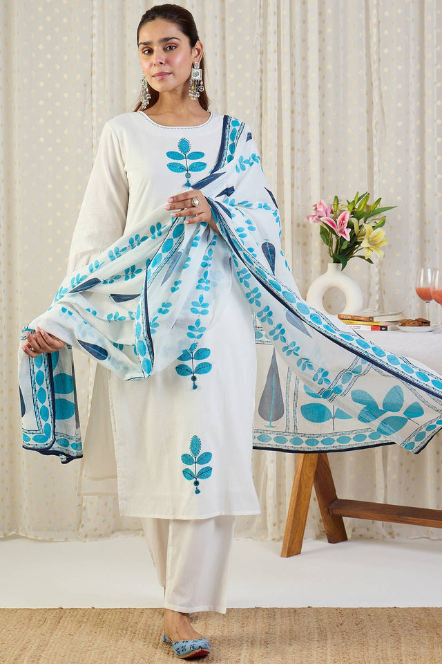 White Floral Printed Cotton Kurti Pant Set (IDKH0WH11828)