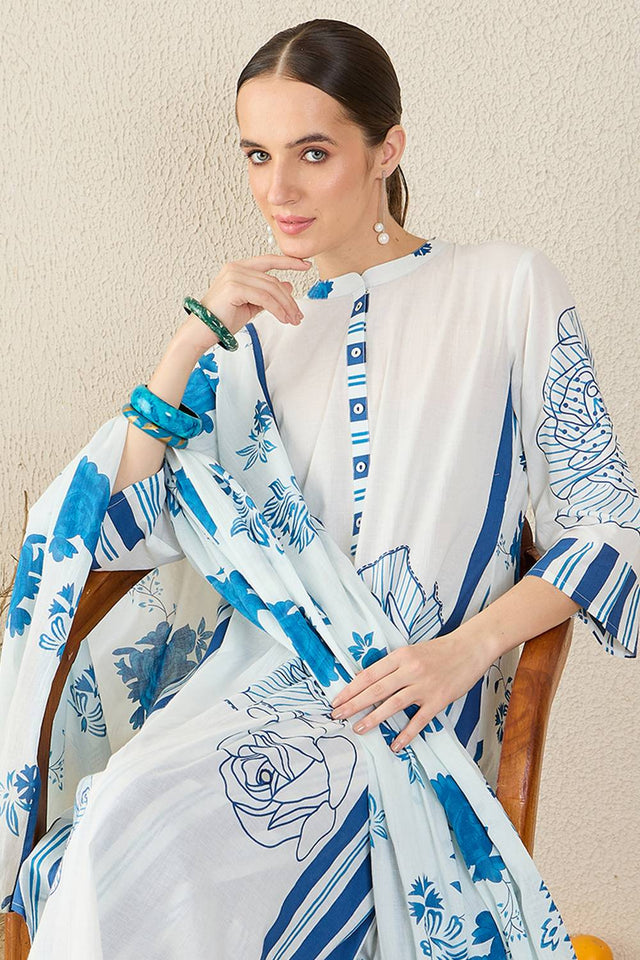 White Printed Cotton Kurti Pant Set (IDKH0WH11855)