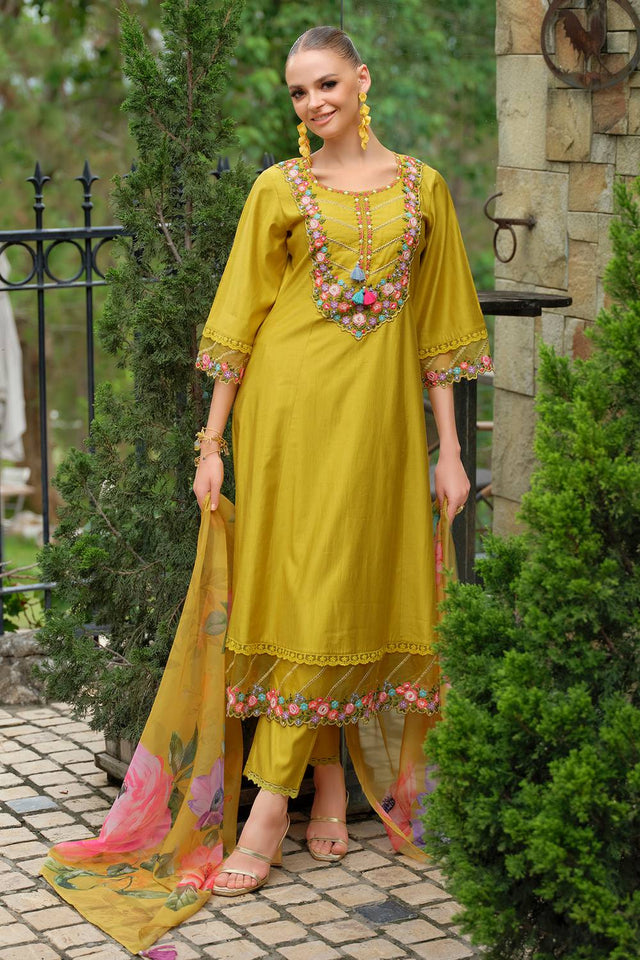 Yellow Embroidered Liva Kurti Pant Set (IDKH0YL10969)
