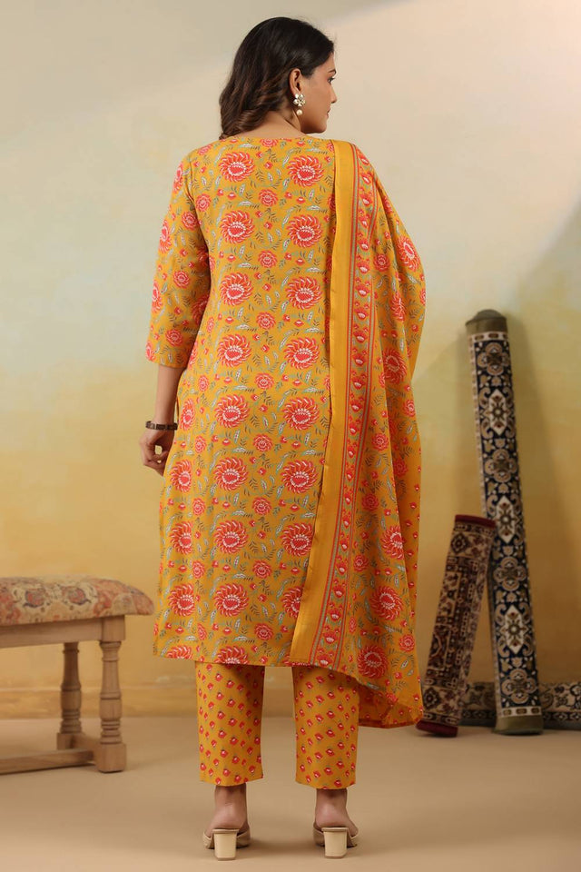 Yellow Embroidered Cotton Blend Kurti Pant Set (IDKH0YL12005)
