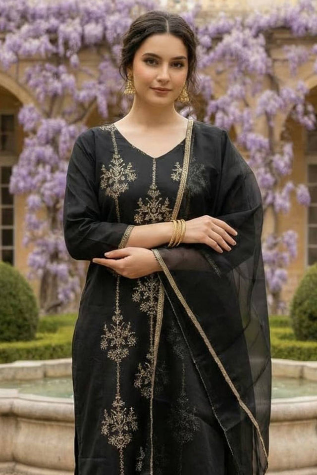Black Floral Embroidered Liva Kurti Pant Set (IDKH1BK12383)