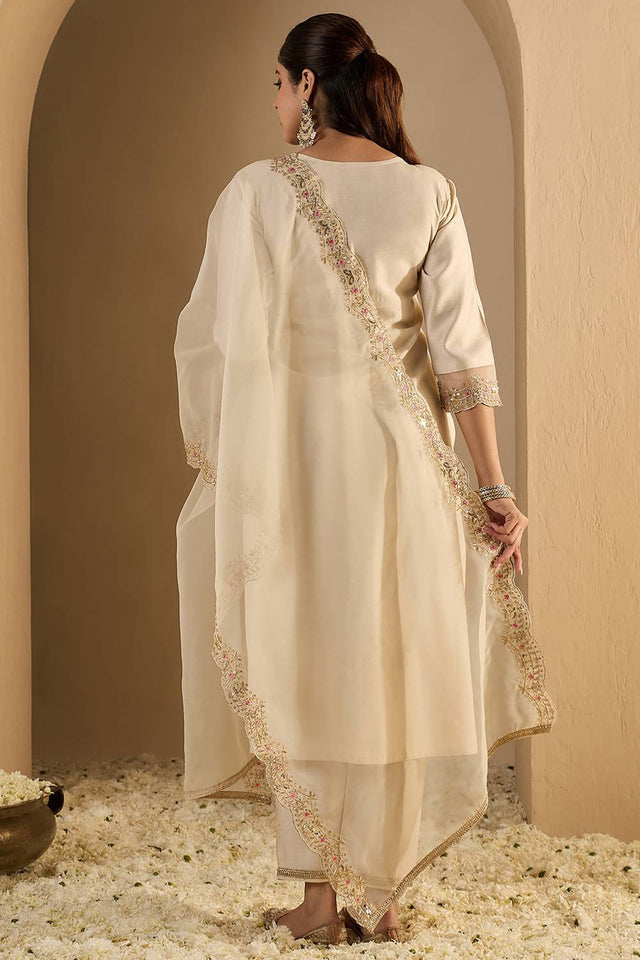 Off White Embroidered Liva Kurti Pant Set (IDKH1OW11966)