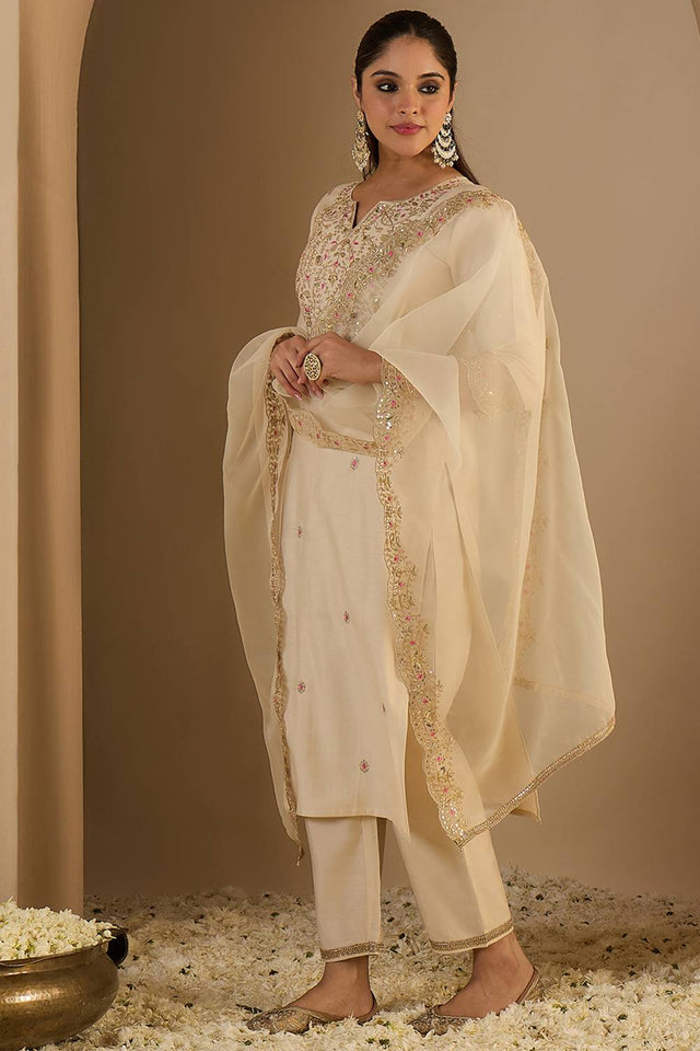 Off White Embroidered Liva Kurti Pant Set (IDKH1OW11966)