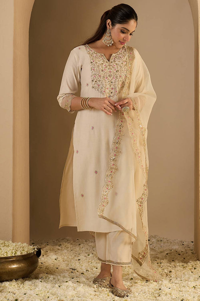 Off White Embroidered Liva Kurti Pant Set (IDKH1OW11966)