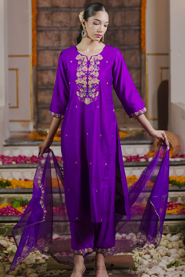 Violet Floral Sequin Embroidered Liva Kurti Pant Set (IDKH1PR6271)