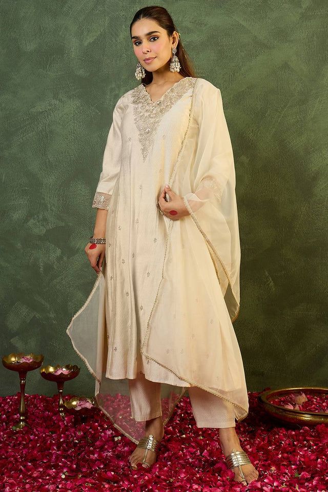 White Embroidered Liva Kurti Pant Set (IDKH1WH12378)